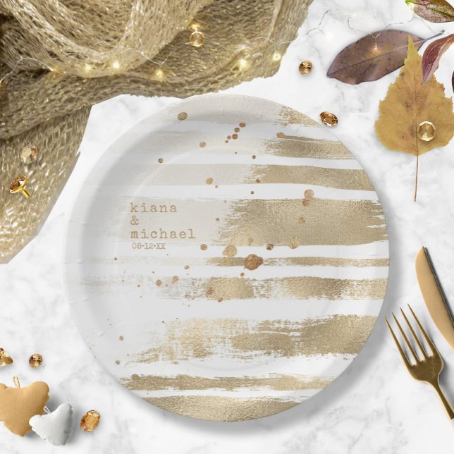 Golden Brush Stroke Stripes Wedding ID655 Paper Plate (Creator Uploaded)