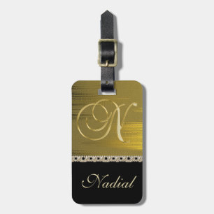 Golden Brushed Metal Stylish Pearls Monogram N Luggage Tag