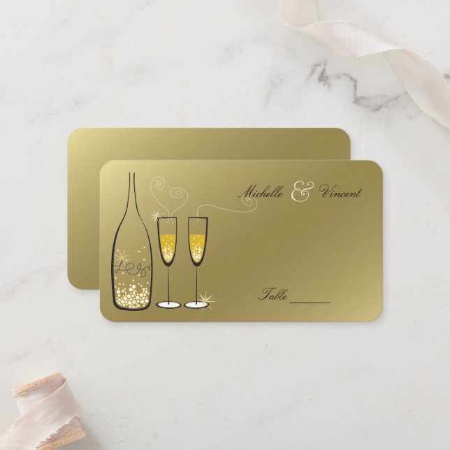 Golden Bubbly Champagne Bubbles Chic Wedding Party Place Card (Front/Back In Situ)
