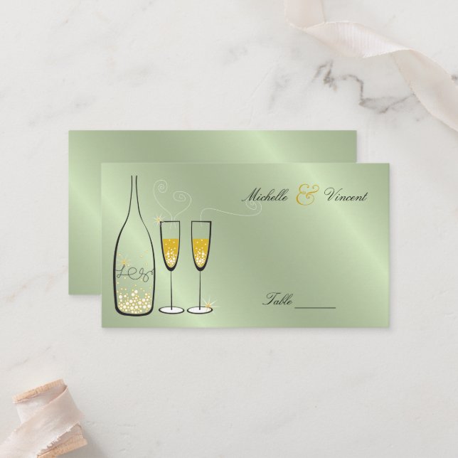 Golden Bubbly Champagne Bubbles Chic Wedding Party Place Card (Front/Back In Situ)