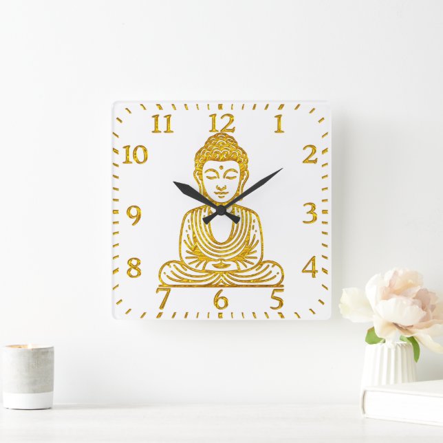 Golden Buddha in Peaceful Pose Square Wall Clock (Home)