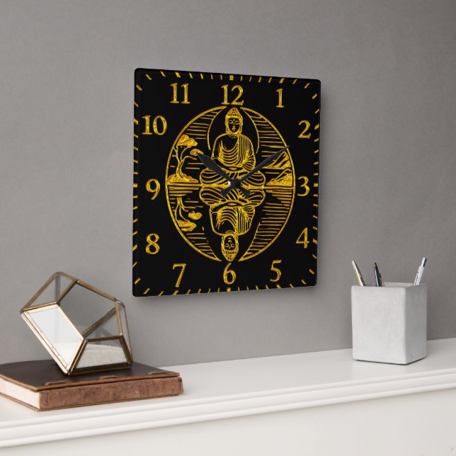 Golden Buddha Reflecting in Serene Waters Square Wall Clock (Office)