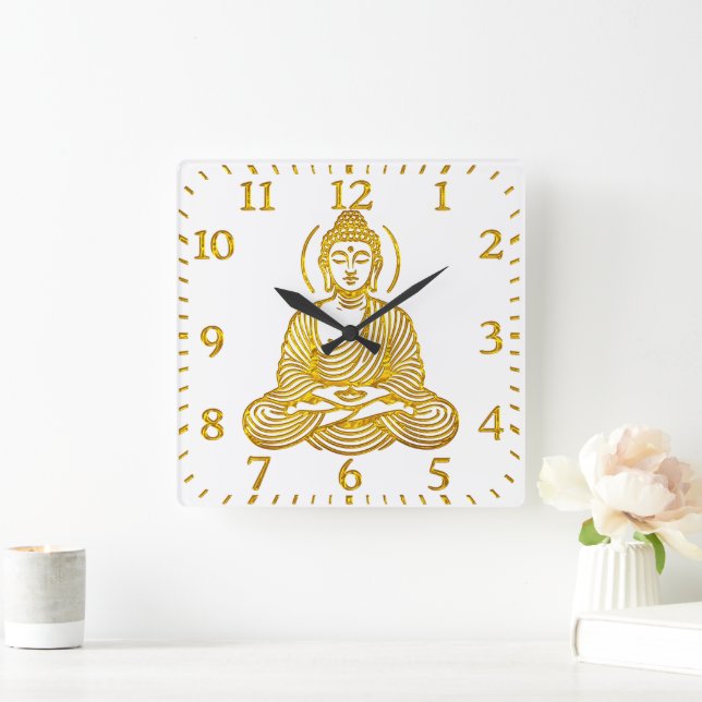 Golden Buddha Statue in Meditation Square Wall Clock (Home)