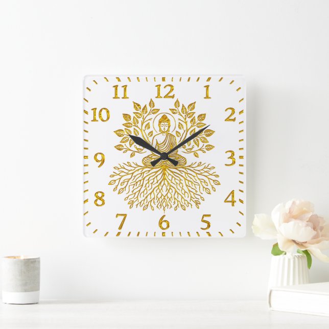 Golden Buddha Surrounded by Nature. Square Wall Clock (Home)