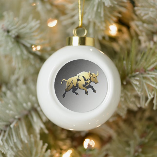 Golden Bull – Strength & Prosperity Emblem Ceramic Ball Christmas Ornament (Tree)
