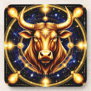 Golden Bull With Cosmic Zodiac Symbol Coaster