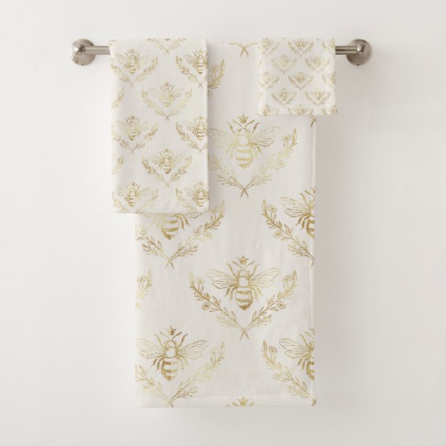 Golden Bumble Bee with a Crown Pattern Bath Towel Set (Insitu)