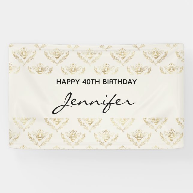 Golden Bumble Bee with a Crown Pattern Birthday Banner (Horizontal)