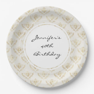 Golden Bumble Bee with a Crown Pattern Birthday Paper Plate