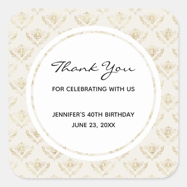 Golden Bumble Bee with a Crown Pattern Favour Square Sticker (Front)