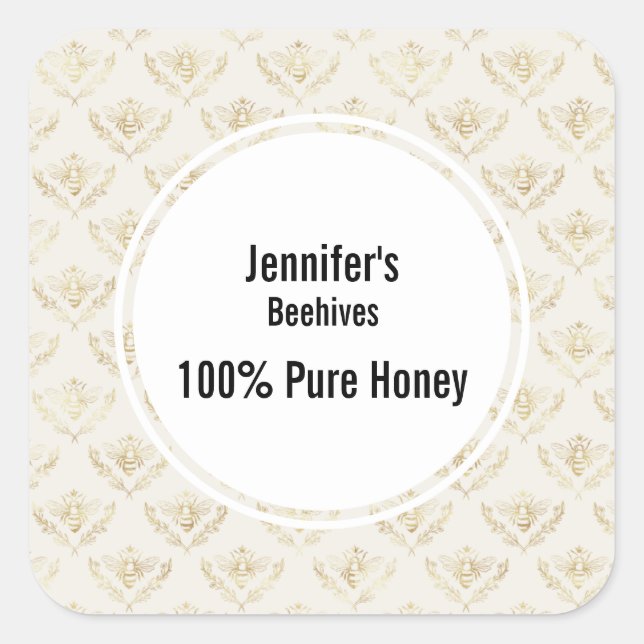Golden Bumble Bee with a Crown Pattern Honey Square Sticker (Front)