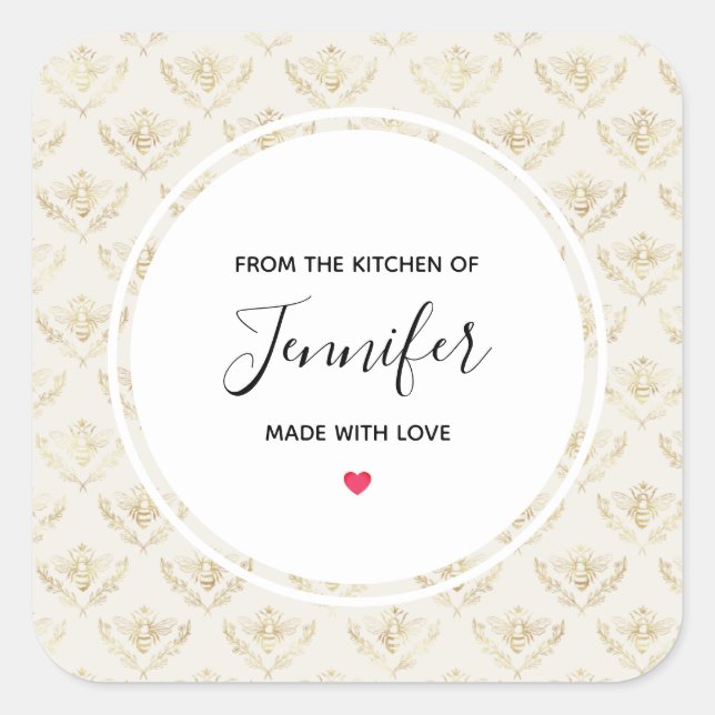 Golden Bumble Bee with a Crown Pattern Kitchen Square Sticker (Front)