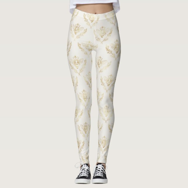 Golden Bumble Bee with a Crown Pattern Leggings (Front)