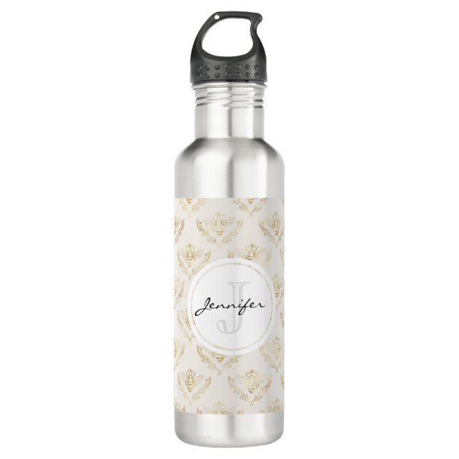 Golden Bumble Bee with a Crown Pattern Monogram 710 Ml Water Bottle (Front)