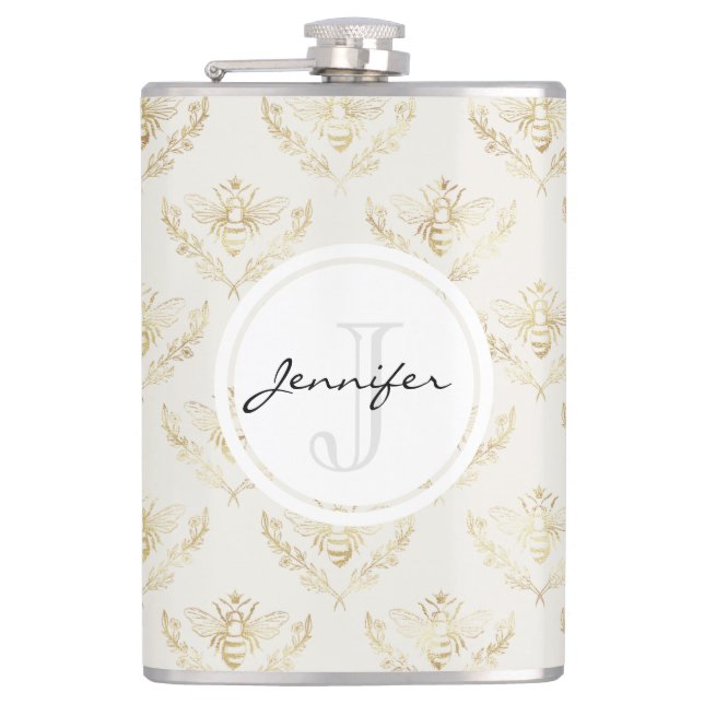 Golden Bumble Bee with a Crown Pattern Monogram Hip Flask (Front)