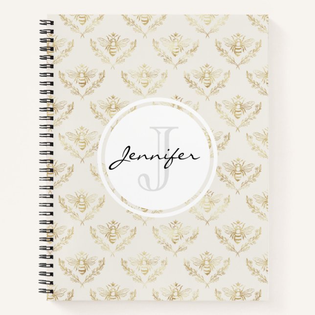 Golden Bumble Bee with a Crown Pattern Monogram Notebook (Front)