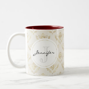 Golden Bumble Bee with a Crown Pattern Monogram Two-Tone Coffee Mug