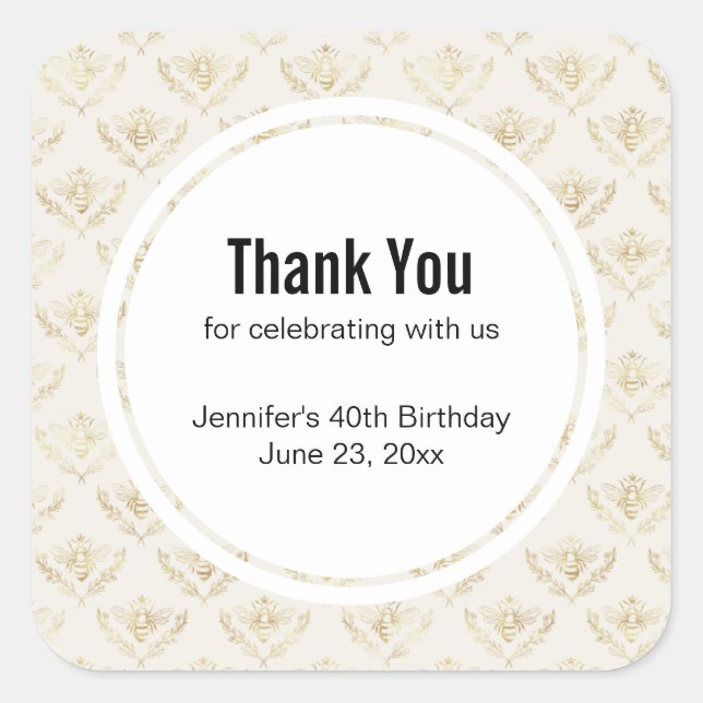 Golden Bumble Bee with a Crown Pattern Thank You Square Sticker (Front)