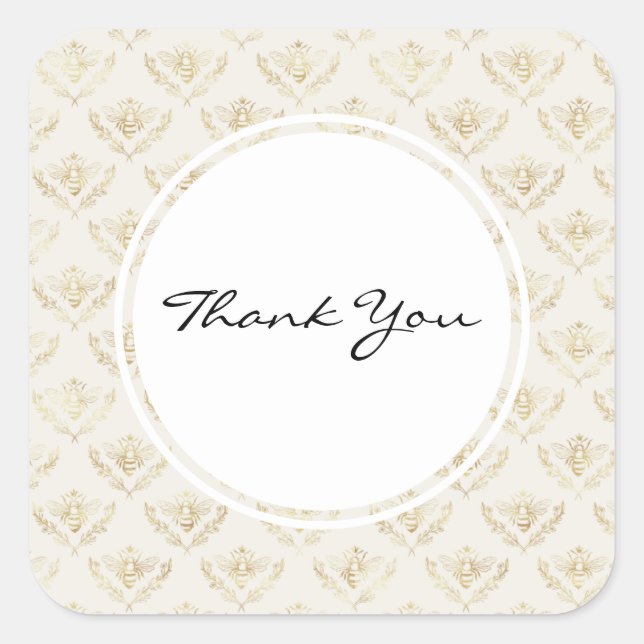 Golden Bumble Bee with a Crown Pattern Thank You Square Sticker (Front)
