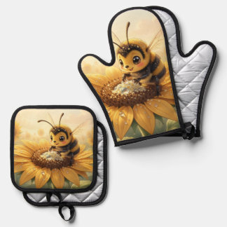 Golden Bumblebee in Bloom Dance.9 Oven Mitt & Pot Holder Set