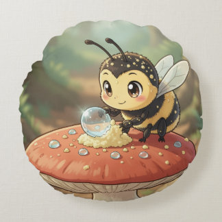 Golden Bumblebee in Floral Dance  Round Cushion