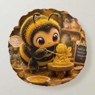 Golden Bumblebee in Flower Dance.12 Round Cushion