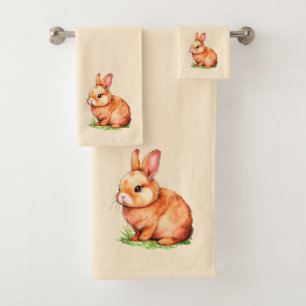 Golden Bunny on Light Champagne Beige Bath Towel Set
