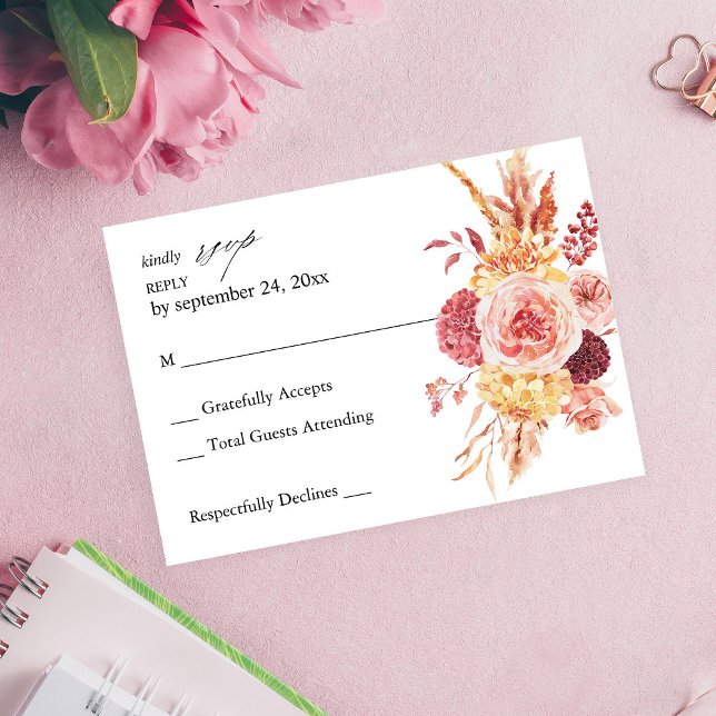 Golden Burgundy Blush Pink Floral no Meal RSVP Card (Creator Uploaded)