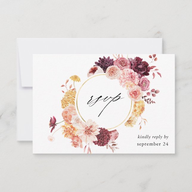 Golden Burgundy Blush Pink Floral w Meal RSVP Card (Front)