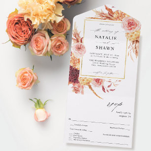 Golden Burgundy & Blush Pink Floral Wedding All In One Invitation