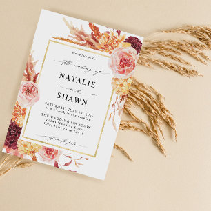 Golden Burgundy & Blush Pink Floral Wedding Invitation