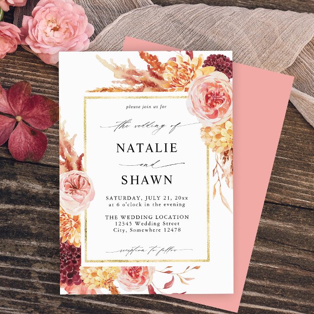 Golden Burgundy & Blush Pink Floral Wedding - Pink Invitation (Creator Uploaded)
