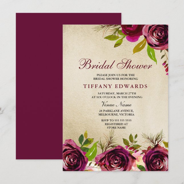 Golden Burgundy Floral Bridal Shower Invitation (Front/Back)