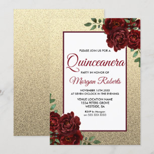 Golden Burgundy Red Rose Quinceanera Invite