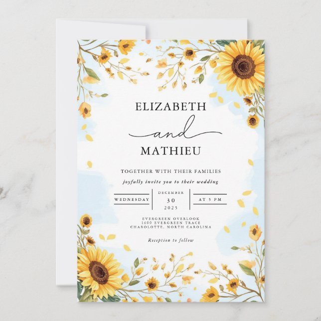 Golden Burst Botanical Romance Wedding Invitation (Front)