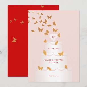 GOLDEN BUTTERFLIES & CAKE SAVE THE DATE INVITATION