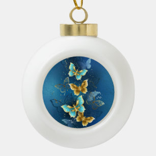 Golden butterflies ceramic ball christmas ornament