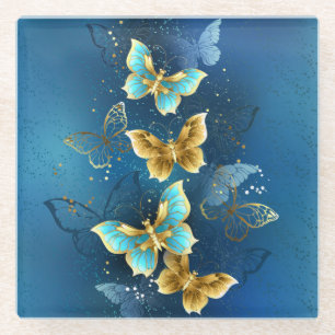 Golden butterflies glass coaster