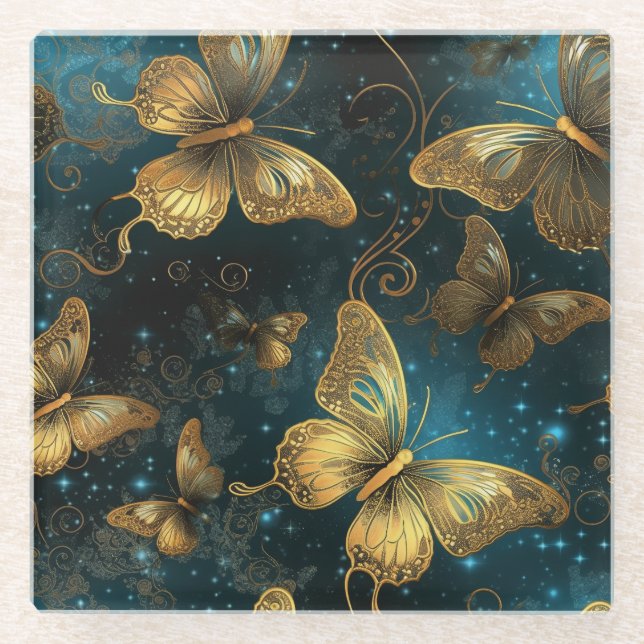 Golden Butterflies Glass Coaster (Front)
