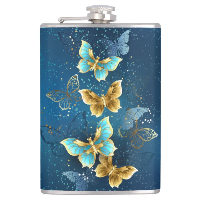 Golden butterflies hip flask (Front)
