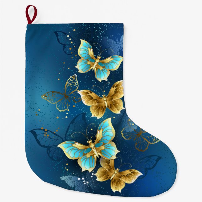 Golden butterflies large christmas stocking (Front)