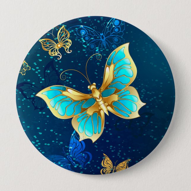 Golden Butterflies on a Blue Background 10 Cm Round Badge (Front)
