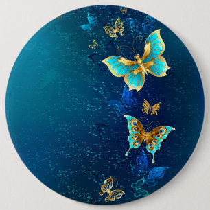 Golden Butterflies on a Blue Background 6 Cm Round Badge