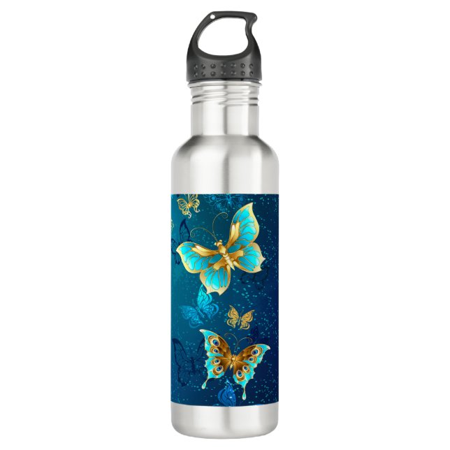 Golden Butterflies on a Blue Background 710 Ml Water Bottle (Front)