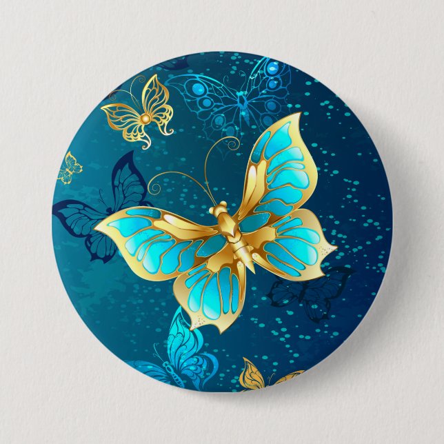 Golden Butterflies on a Blue Background 7.5 Cm Round Badge (Front)