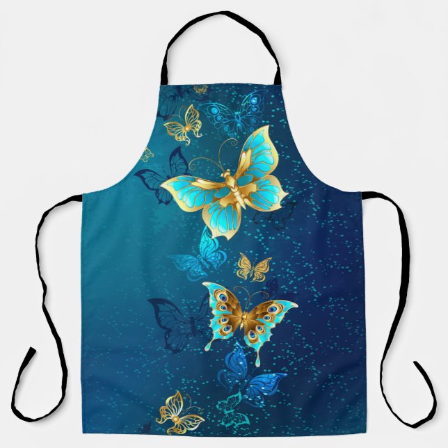 Golden Butterflies on a Blue Background Apron (Front)