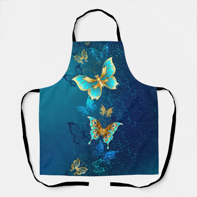 Golden Butterflies on a Blue Background Apron (Front)
