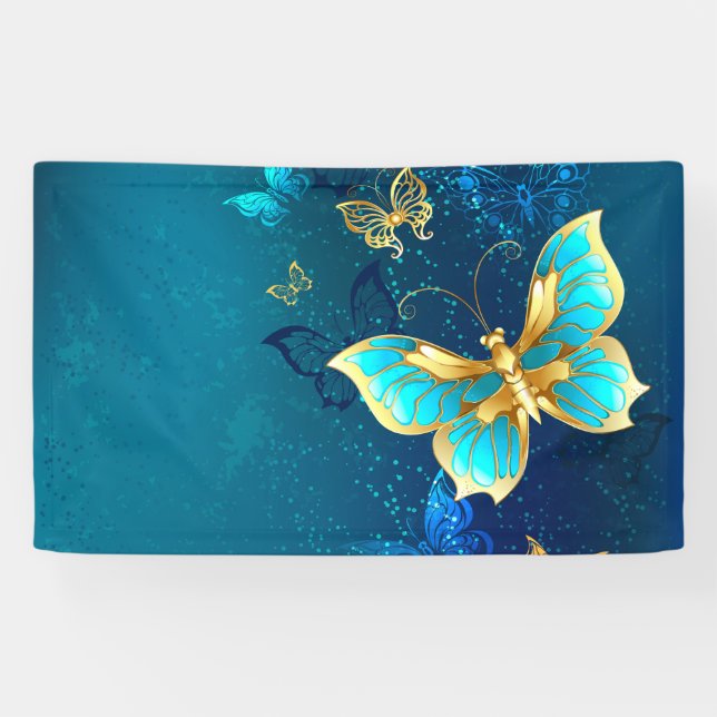 Golden Butterflies on a Blue Background Banner (Horizontal)