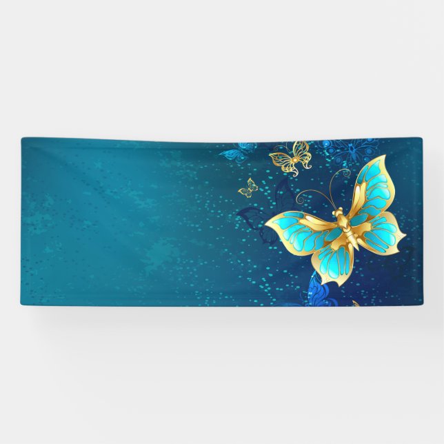 Golden Butterflies on a Blue Background Banner (Horizontal)
