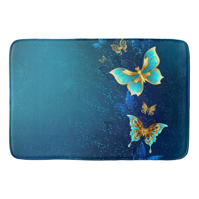 Golden Butterflies on a Blue Background Bath Mat (Front)